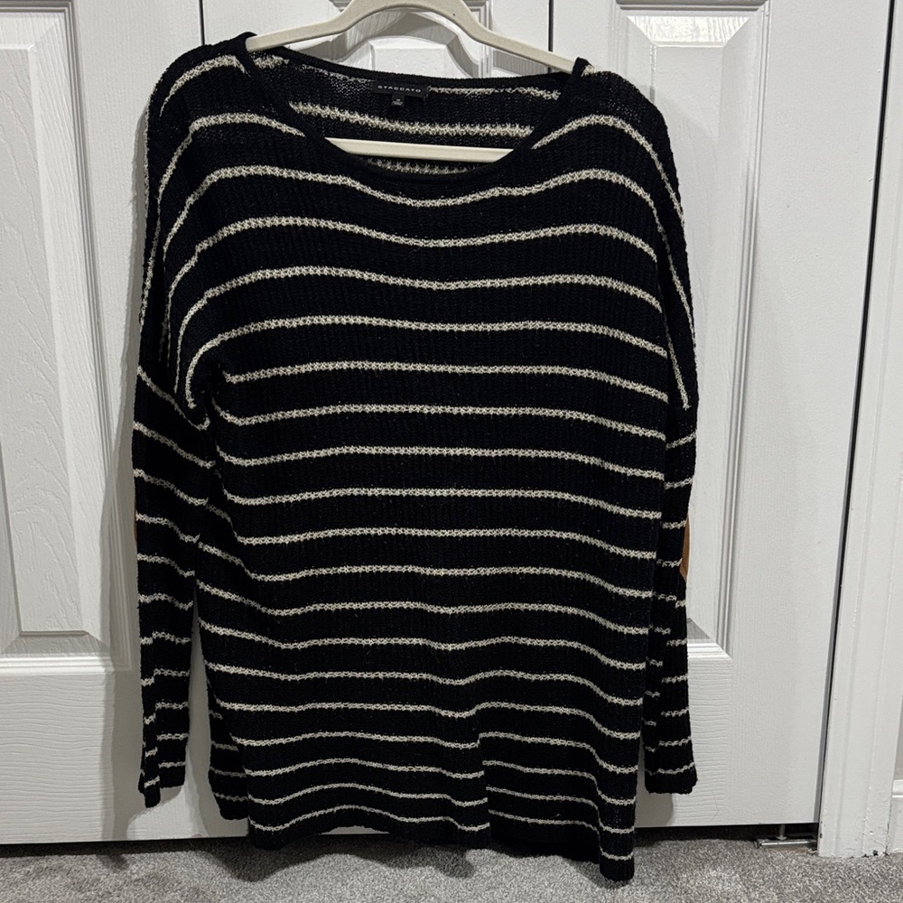 Black and White Stripped Knit Sweater - with Elbow Patches!